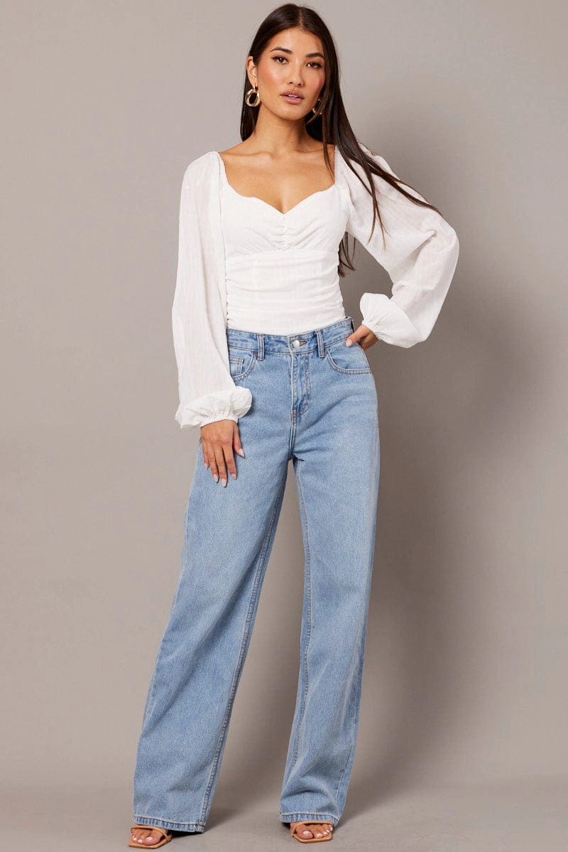 White Bodysuit Long Sleeve Ruched Textured