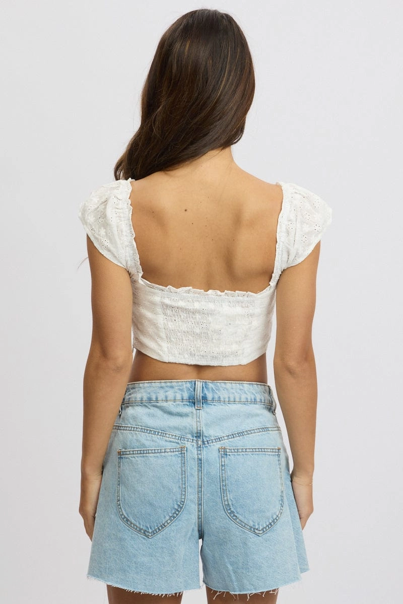 White Broderie Corset Top Short Sleeve Button Front