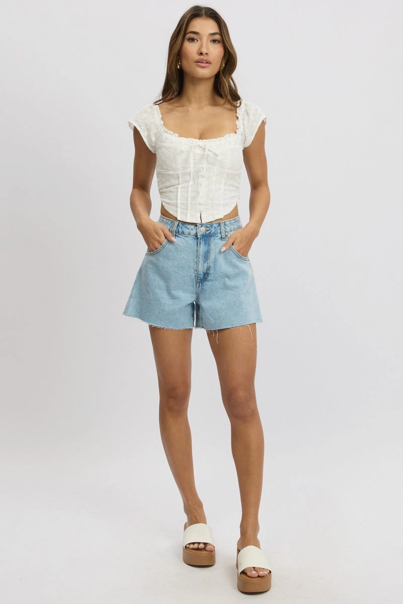 White Broderie Corset Top Short Sleeve Button Front