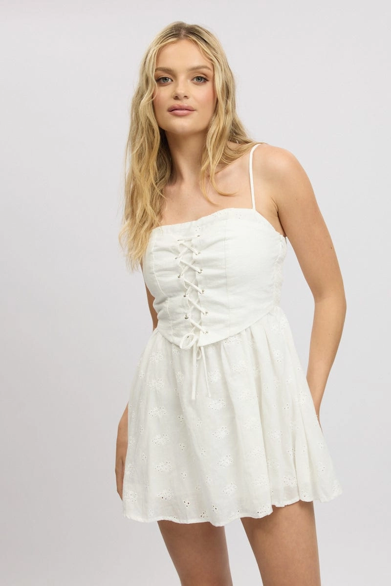 White Corset Mini Dress Eyelet Fabric