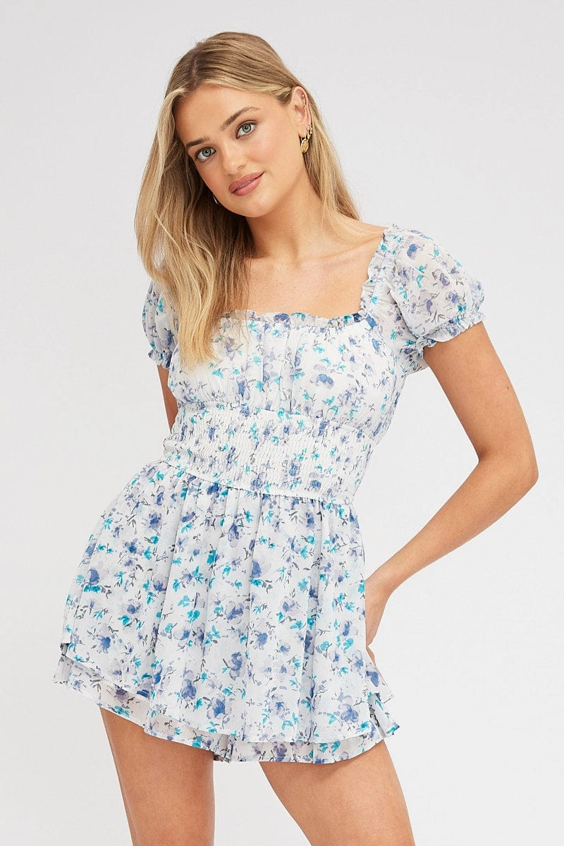White Ditsy Playsuit Short Sleeve Shirred Waist