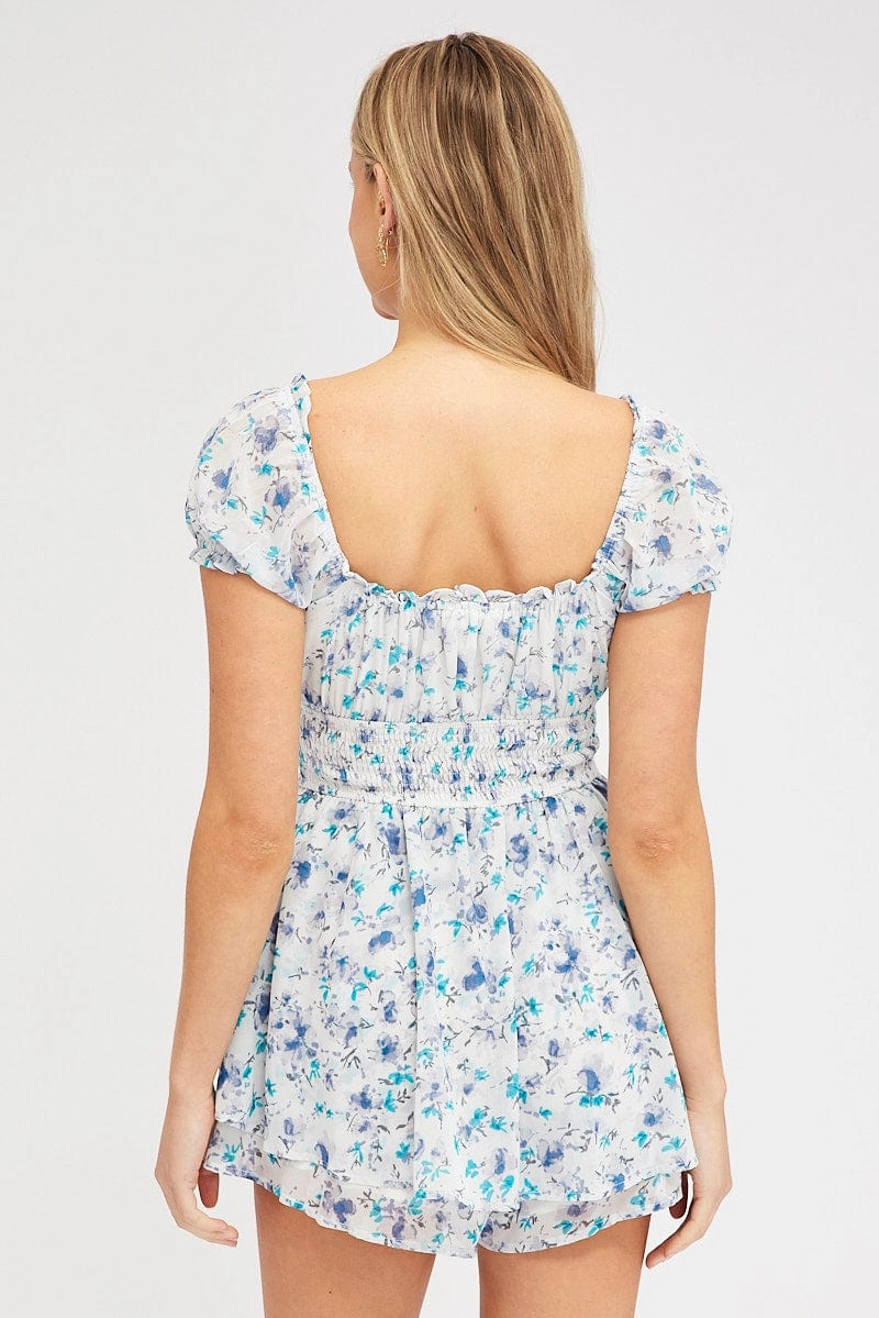 White Ditsy Playsuit Short Sleeve Shirred Waist