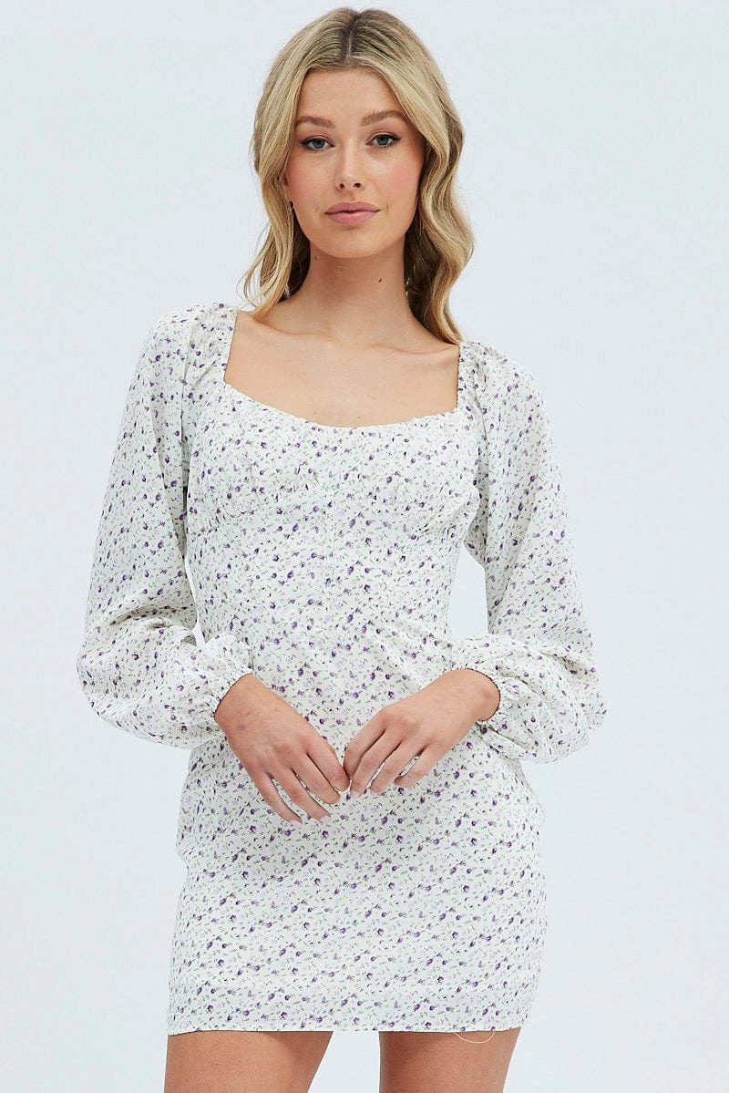 White Floral Midi Dress Long Sleeve Gathering Bust