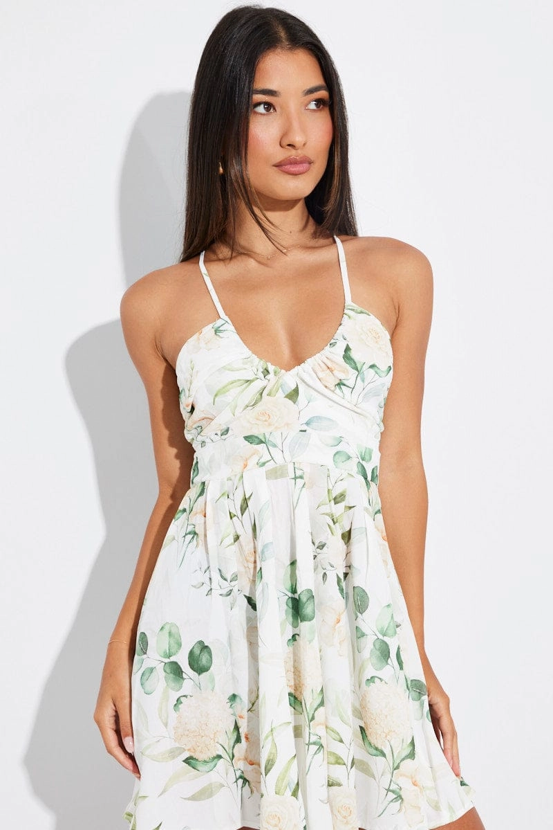 White Floral Ruched Skater Dress Strappy Gathered Swishy Dress
