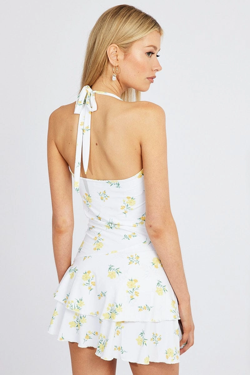 White Floral Ruffle Dress Halter Neck Bouquet Mini dress