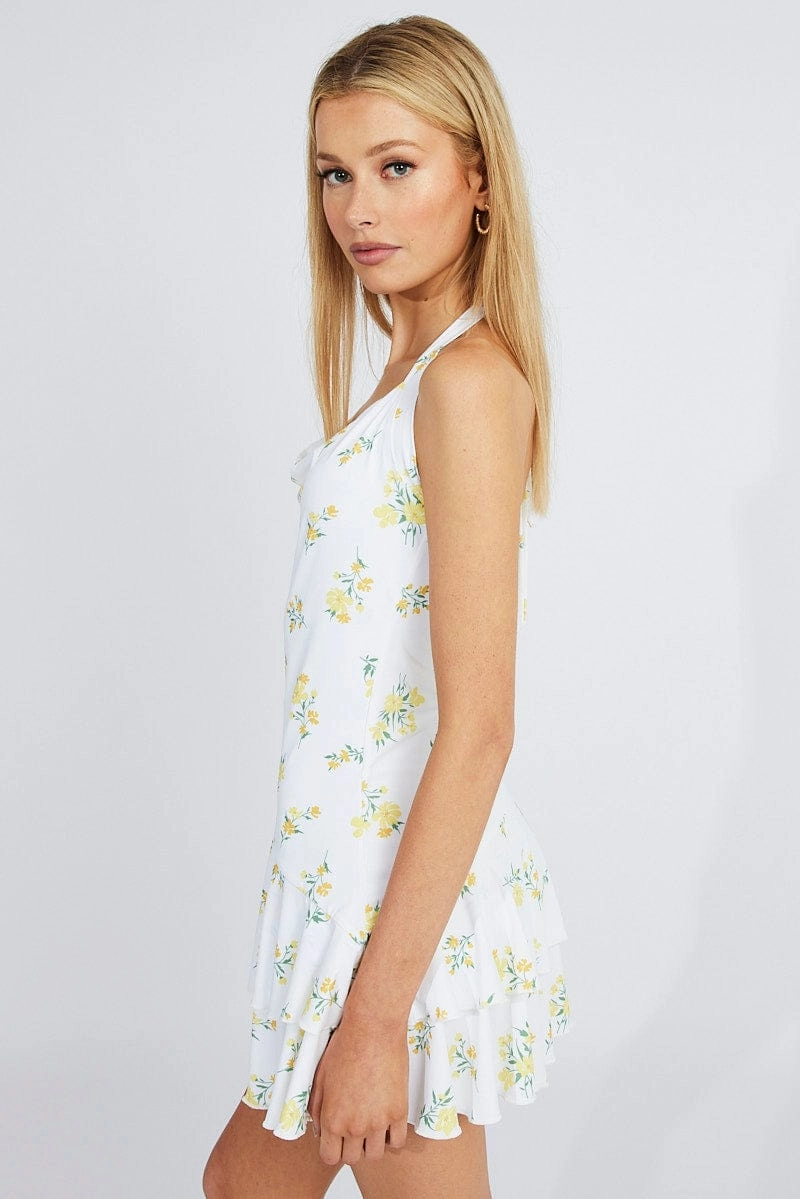 White Floral Ruffle Dress Halter Neck Bouquet Mini dress