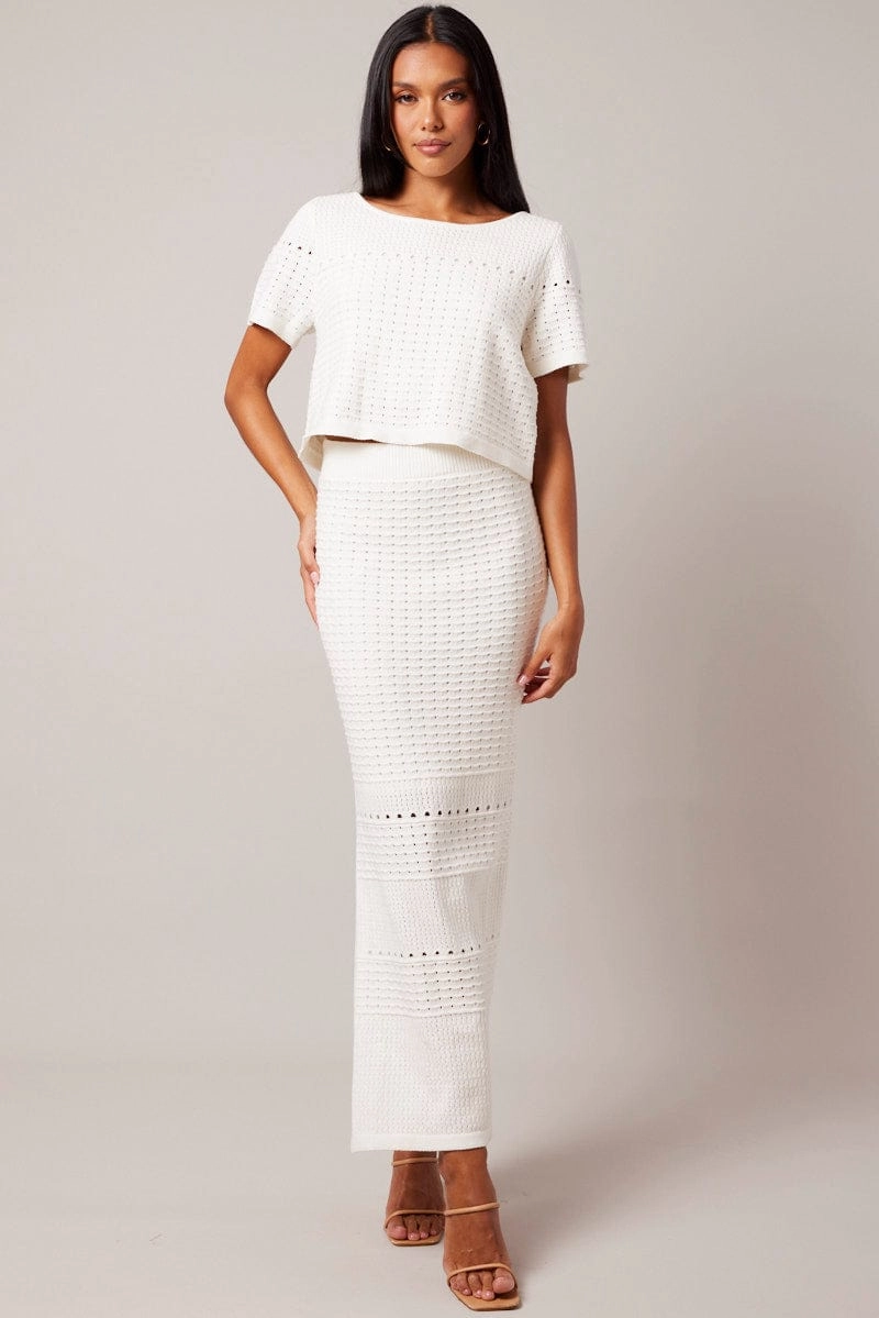 White Knit Top Short Sleeve Crochet