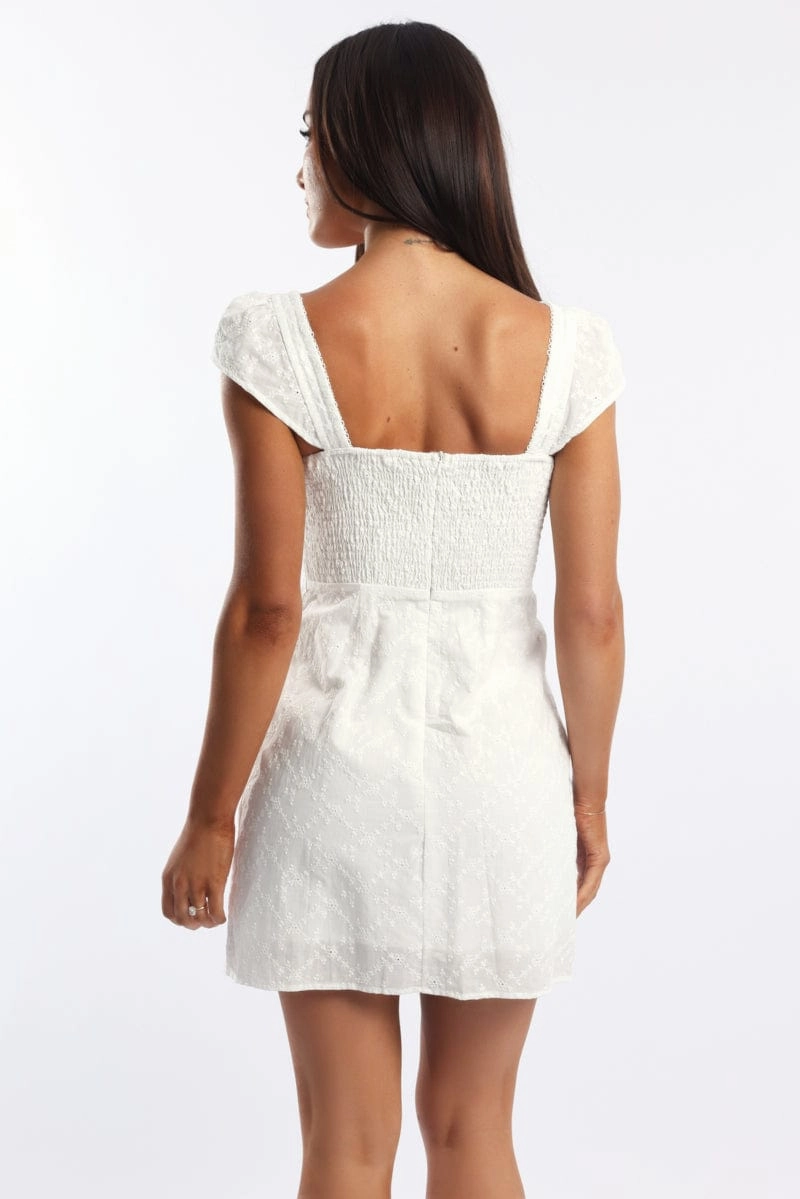 White Mini Dress Ribbon Detail Eyelet Fabric